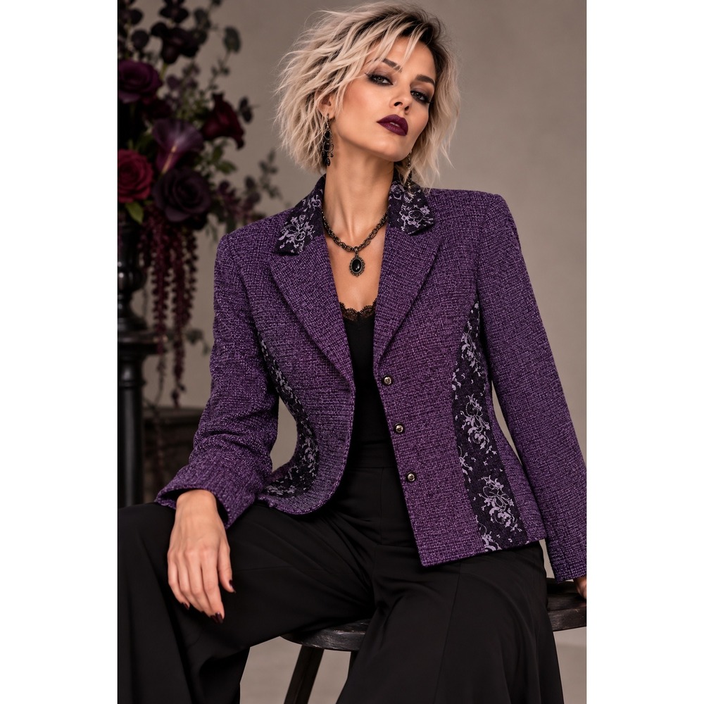Harvé Benard 10P Purple Wool Tweed Jacket Floral Panels Petite